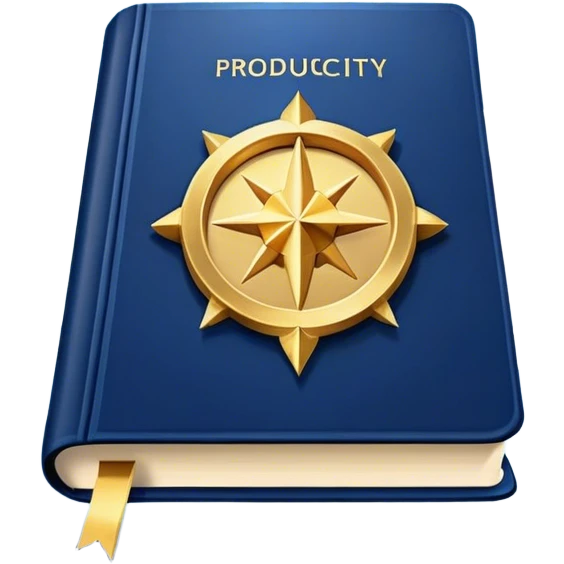 A navy blue productivity book with gold details, chart with upward trend aura, radiating productivity, strategy, and success in motion- emoji