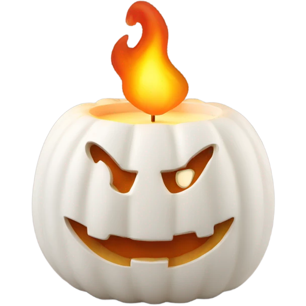 White cozy pumpkin candle with lid off on fire emoji
