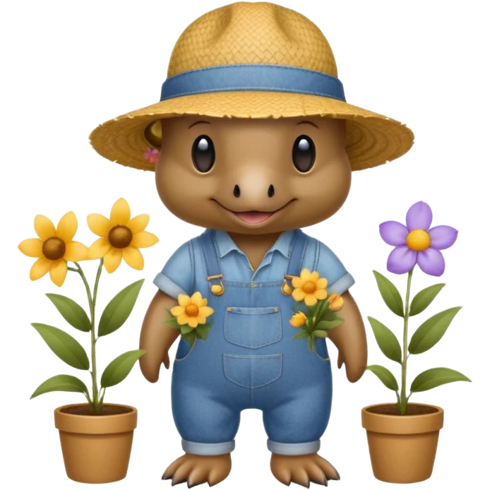 cute platypus in a straw gardening hat and blue denim overalls holding flowers emoji
