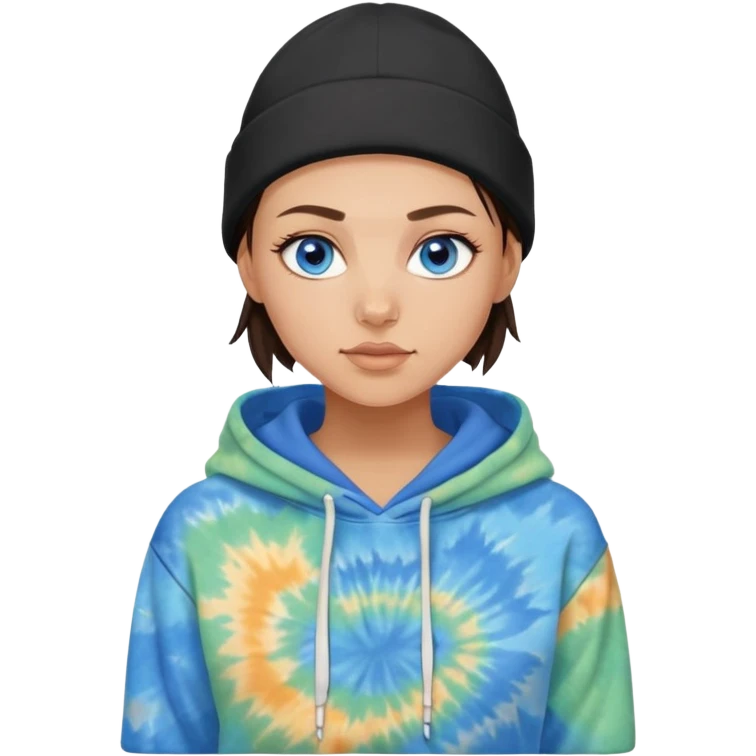shaved haired brunette girl with a black beanie on and a tiedye hoodie. she has blue eyes emoji