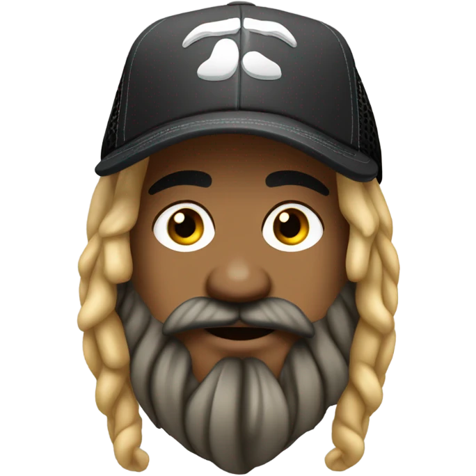 Guy with  blonde and black dreadlocks tied behind head, , with beard and mustache, a trucker hat, septum ring emoji