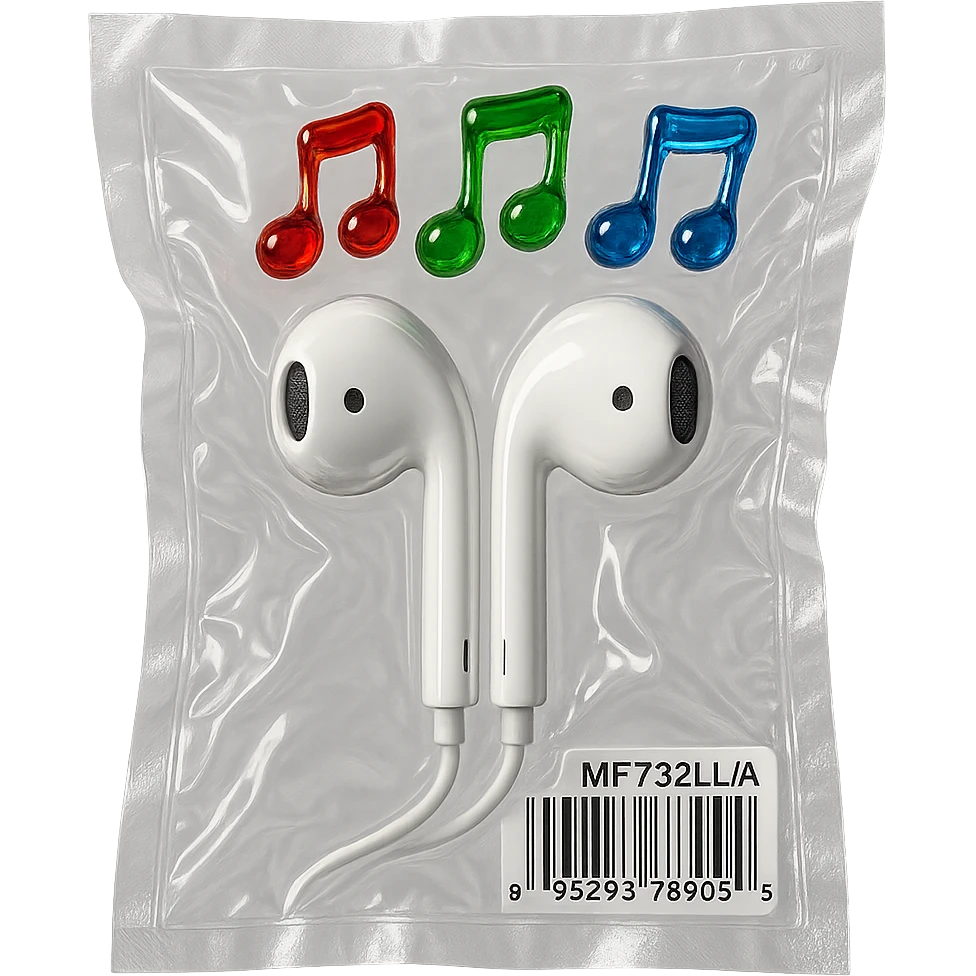 pair of white EarPods with three distinct colorful glass music notes floating above, glossy and puffy emoji