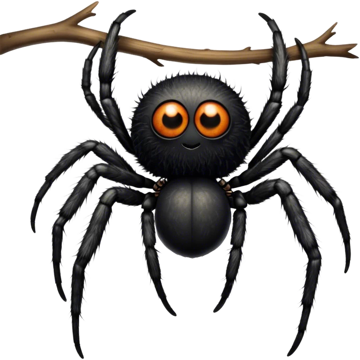 Large black fluffy spider with a big round abdomen and short hairy legs sitting on a branch, staring at us. Detailed texture of the spider’s fur and body. Transparent background. emoji