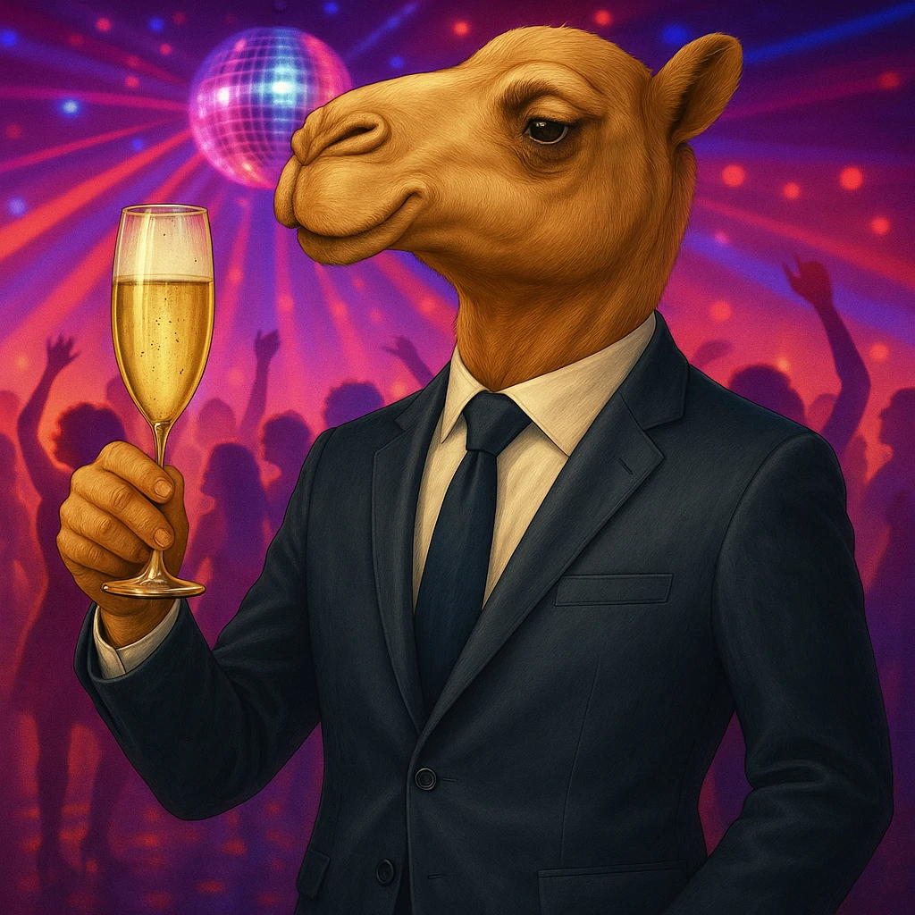 Add a party background with disco lights and people dancing, keeping the camel in a business suit drinking champagne as the focus. emoji