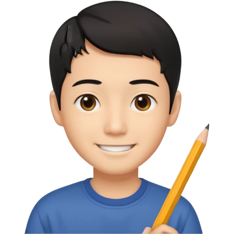quero um personagem masculino japones, de pouco cabelo e sorrindo com um lapis na mao emoji