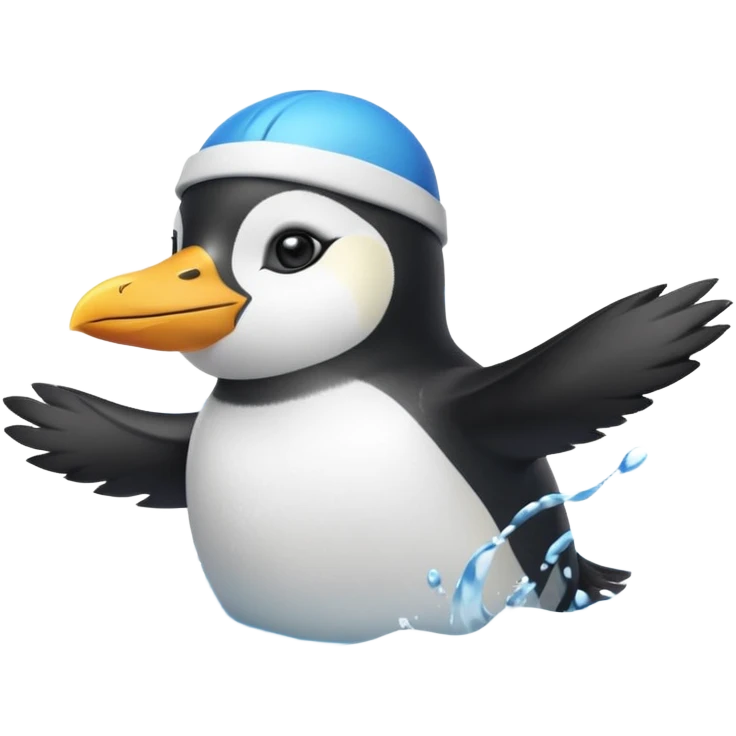 A cheerful penguin swimmer in swim cap, doing a playful backstroke with water rings popping around.
 emoji