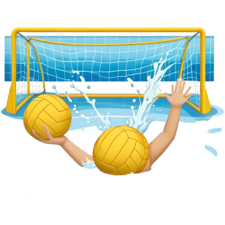 An icon featuring a yellow water polo ball floating on the water with goals in the background, inside a swimming pool. The design includes splashes and ripples, symbolizing the fast-paced action and strategy of water polo. Transparent background highlights. emoji
