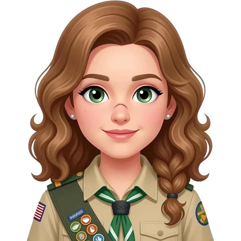 draw a girl in scout uniform with light brown ,curling , long hair in a lowe ponytail and green eyes and a scar on her nose she has also some earrings and the hair is flat emoji