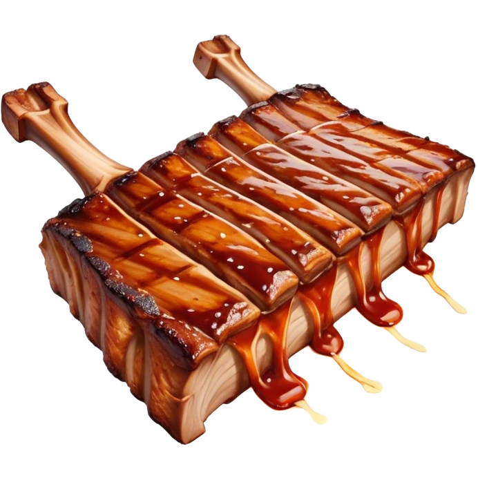 Cinematic juicy grilled ribs, glistening with smoky barbecue sauce, charred edges, tender meat falling off the bone, sizzling on a hot grill, mouthwatering and rich, warm and inviting, ultra-realistic and delicious. emoji