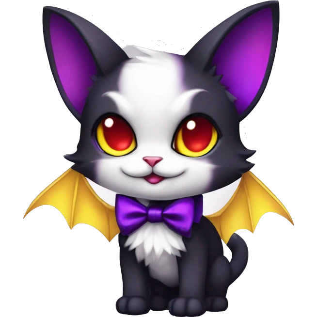 Cute-Evil-Vampiric-Batty-Cat-Black-Purple-Red-Yellow-Contrast-Colors-Fantasy-Fur-Sona-Chibi-Shiny-Fakémon-Hybrid with horns and big fangs neck bow white tie leg spats full body emoji