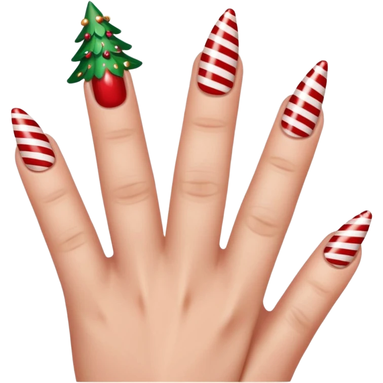 Create a nail design that is red, aesthetically pleasing, Christmas-themed, and girly. There are five fingers. emoji