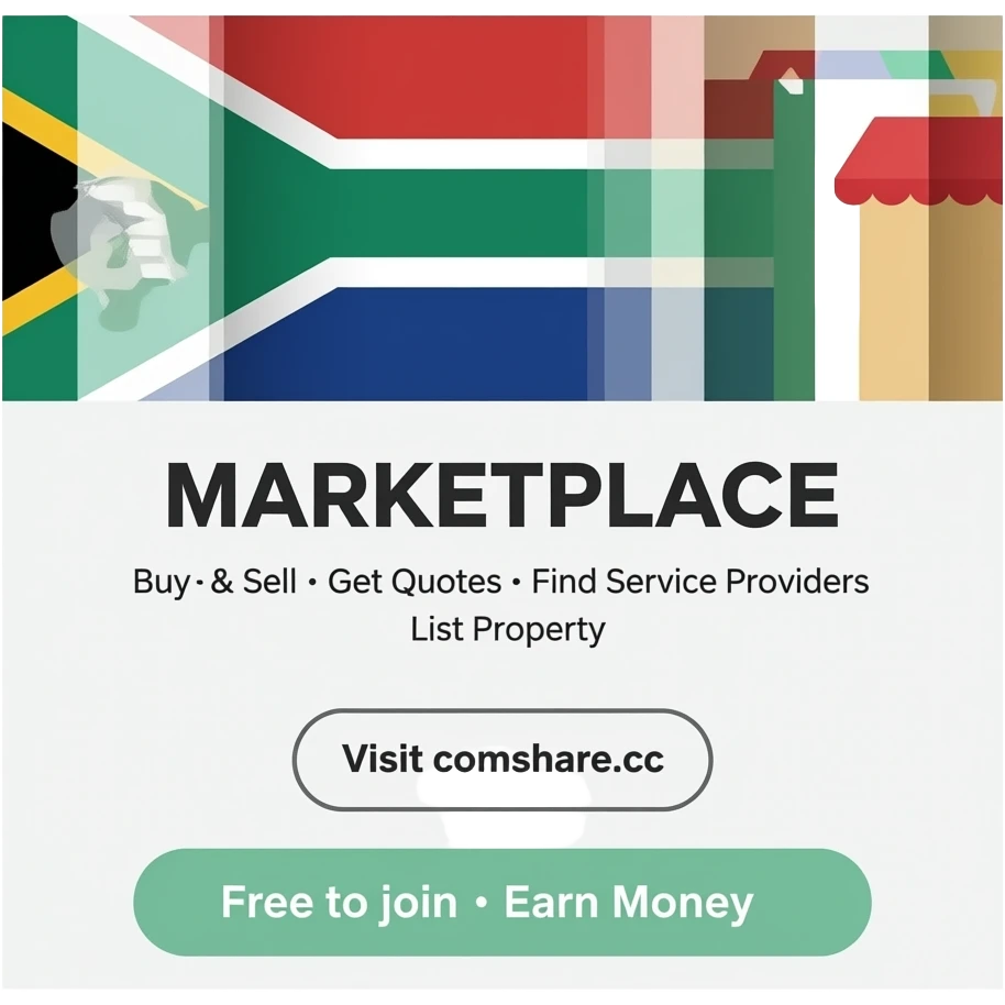 Main heading: "MARKETPLACE" Subtext: "Buy & Sell • Get Quotes • Find Service Providers • List Property" Call to action: "Visit comshare.cc" Bottom text: "Free to join • Earn Money"  Style: Modern, clean, professional. South African themed.   Include subtle icons for shopping, sharing, money. emoji
