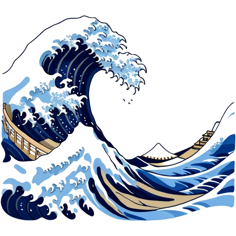 Cinematic Realistic Great Wave off Kanagawa, depicted as a colossal, crashing wave with dynamic blue hues and frothy white crests, rendered with intricate textures and fluid motion that captures both the timeless power and poetic beauty of the iconic Japanese artwork emoji