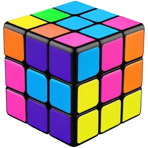 A 3x3 Rubik's Cube with fluorescent colors: glowing green, radiant pink, brilliant blue, luminous yellow, vivid orange, intense purple, minimalist iOS emoji style emoji