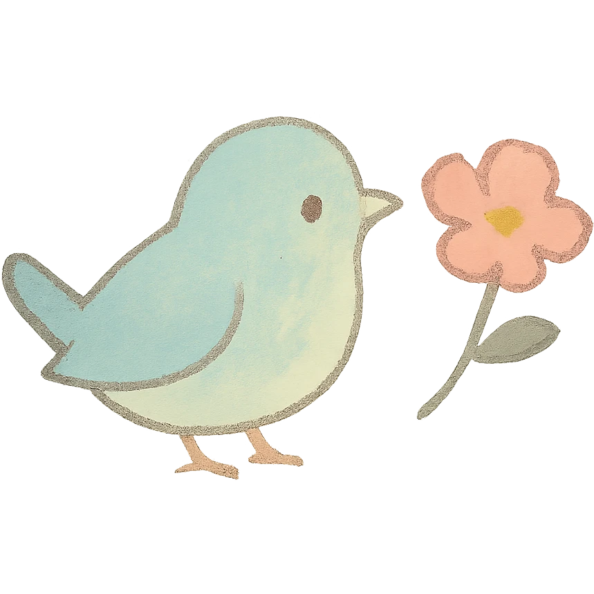 tiny pastel bird silhouette, Japanese hand-drawn style, full object, transparent background, with a tiny flower emoji