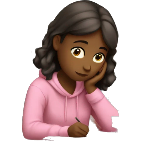 Tired girl student in pink sweater studying among books and computer   emoji