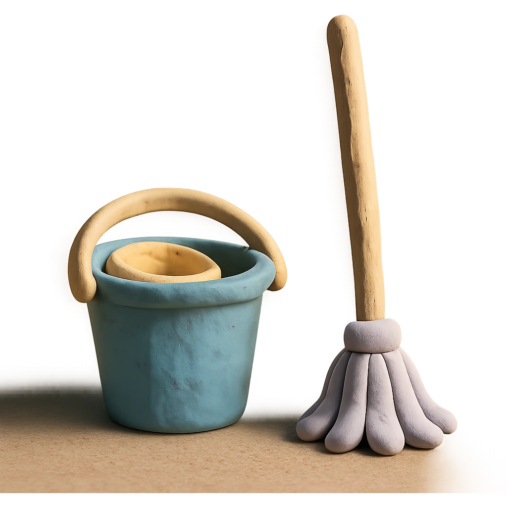 bucket and mop in claymation style, pastel colors, visible fingerprints, soft matte finish emoji