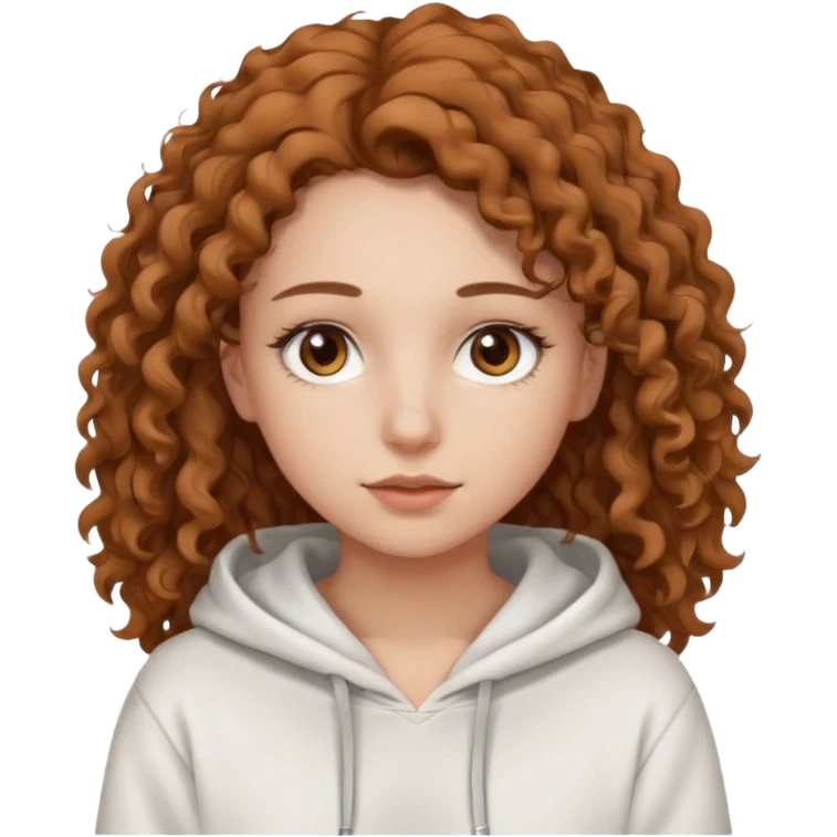 Una ragazza con una felpa semplice bianca,ha gli occhi marroni,i capelli marroni chiaro , c’è gli ha lunghi e ricci ma non troppo e ha le ciglia emoji