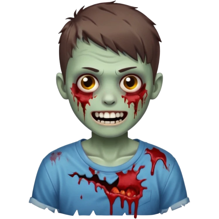zombie boy with brown short hair, white skin, and white eyes; an open smile, and bloodied teeth; emoji
