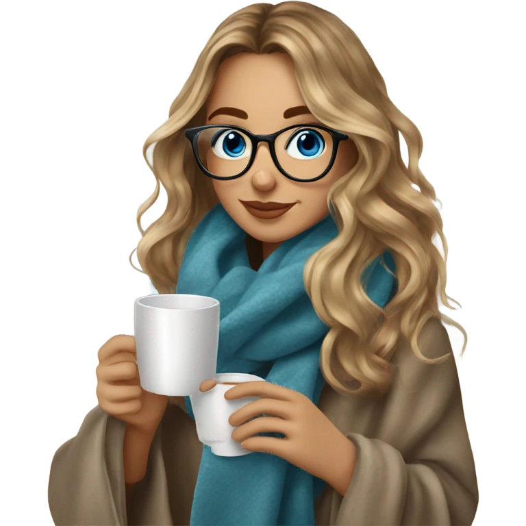 Balayage hair Girl drinking coffee, with a cozy blanket wearing glasses with blue eyes beautiful  emoji