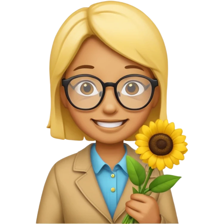 Create a yellow emoji holding flowers and wearing glasses with a joy expression emoji