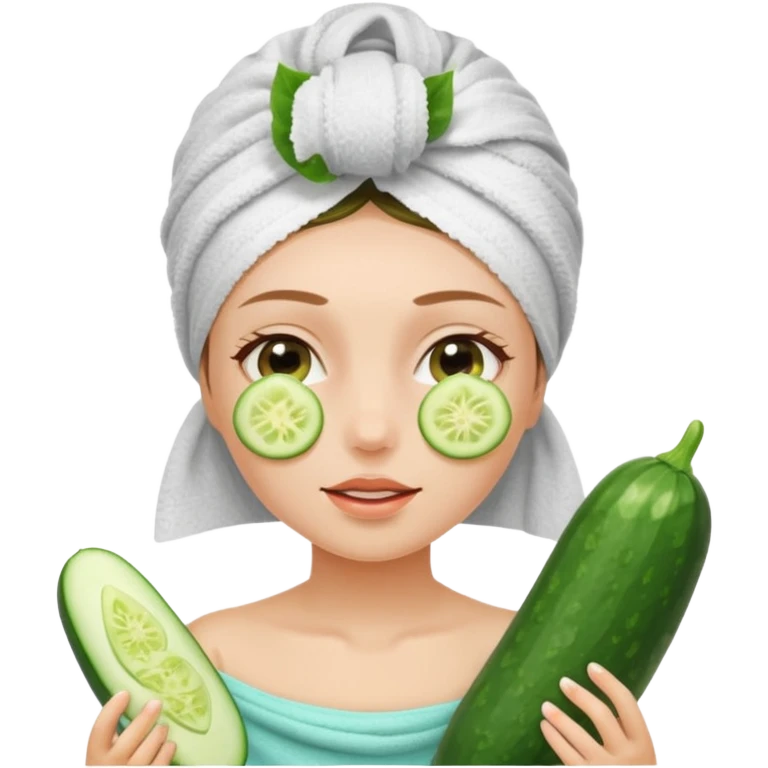 Chica con toalla en el pelo y ruedas de pepinos en los ojos emoji