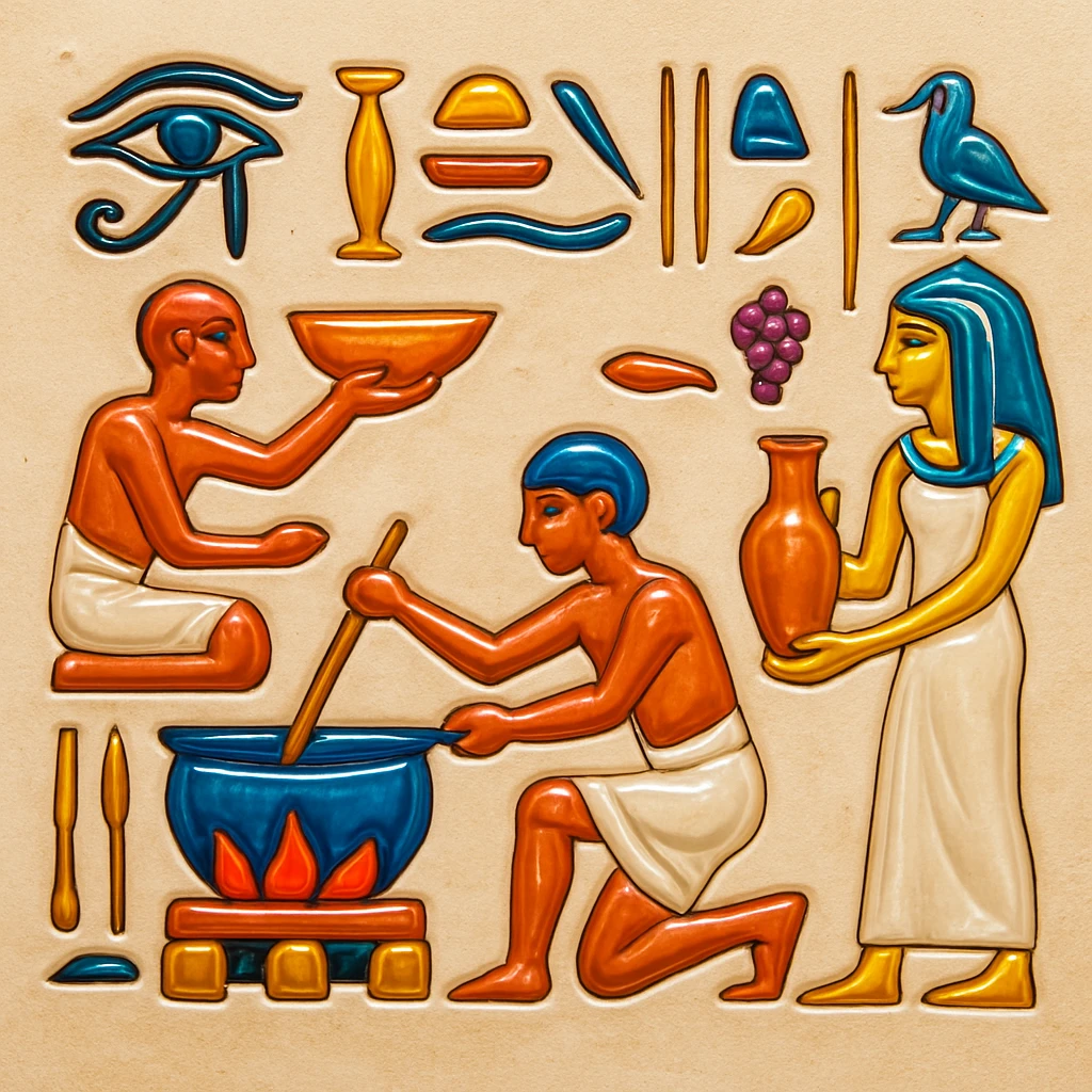 ancient Egyptian cooking scene in hieroglyphic style emoji