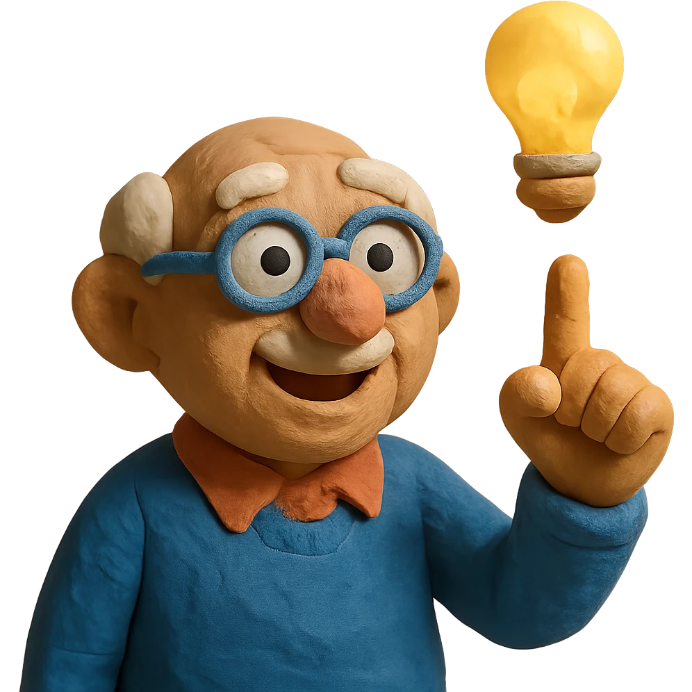 elderly man pointing his finger up at a light bulb, pretending that he has an idea emoji