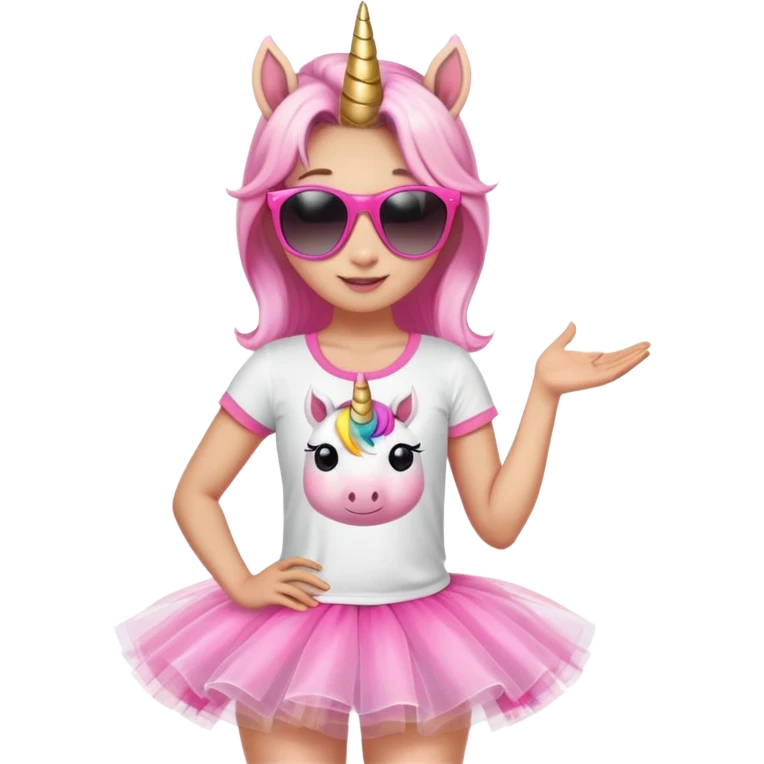 friendly anthropomorphised female unicorn in tutu and pink t-shirt, wearing dark sunglasses, relaxed pose, head and shoulders portrait emoji