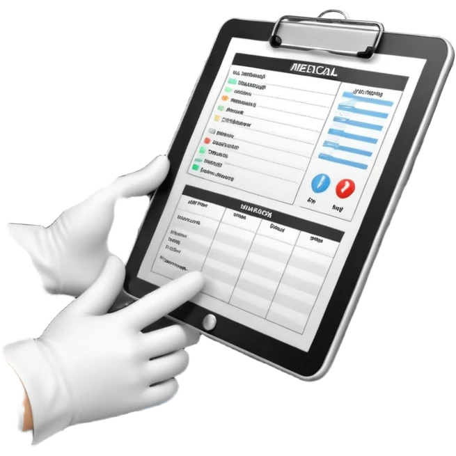 A dashboard view with radio, gloves, and medical chart on clipboard.
 emoji
