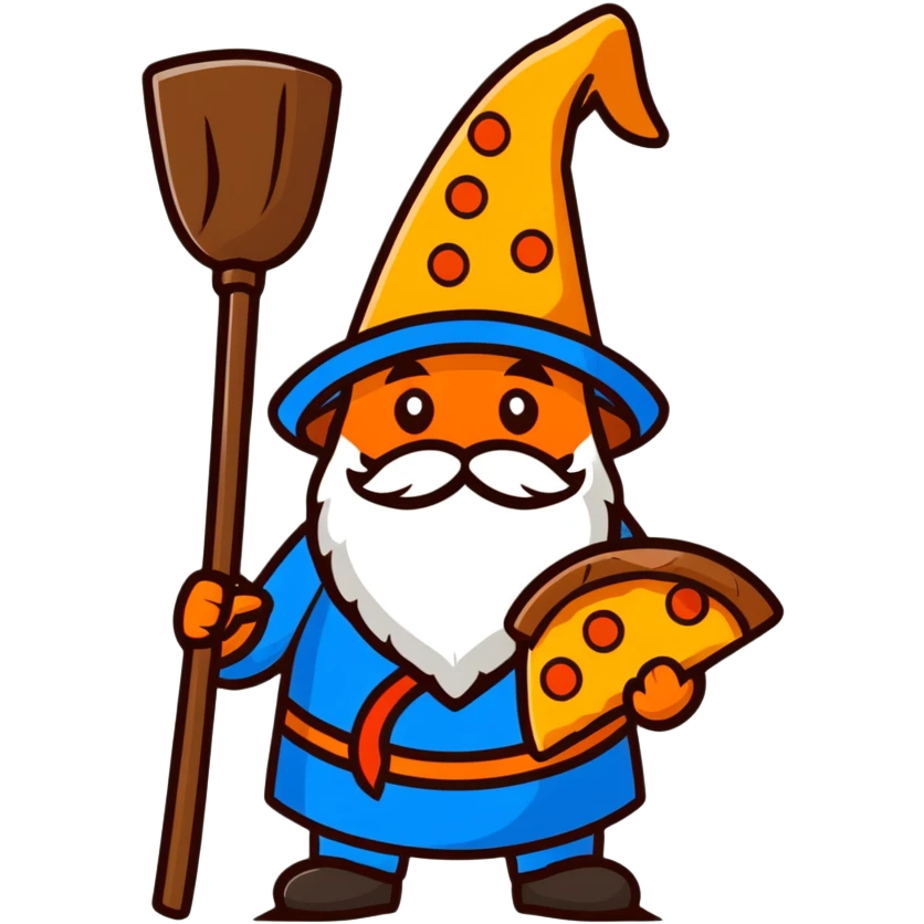 pizza wizard with wooden staff and blue hat emoji
