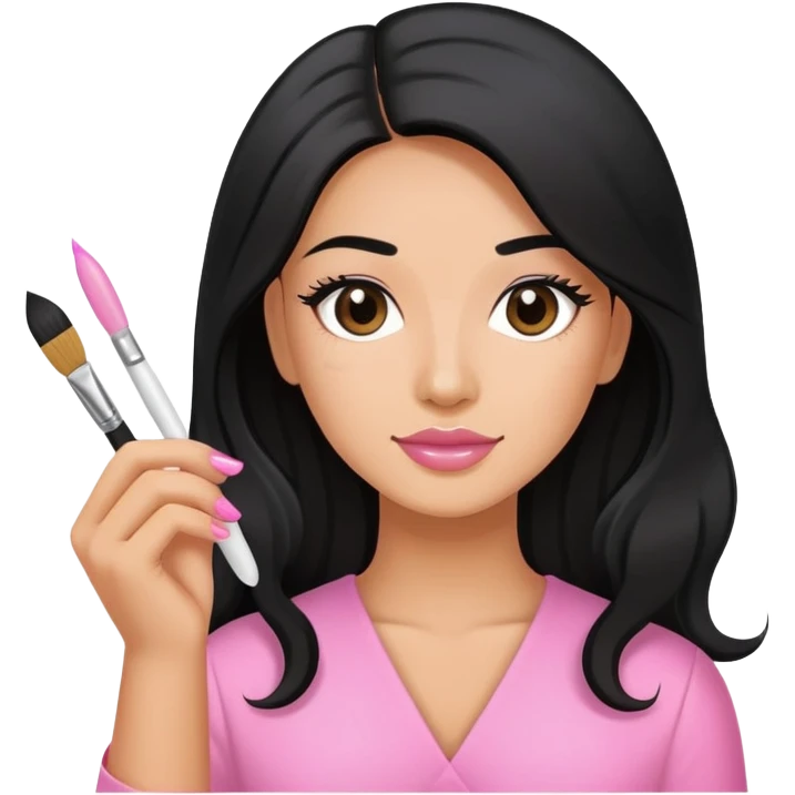 Pink Nail Tech with black long hair holding small acrylic brush emoji