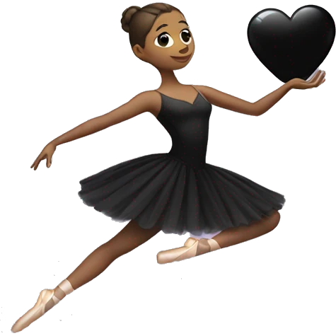 A ballerina in a black dress holds a black heart on her outstretched hand emoji