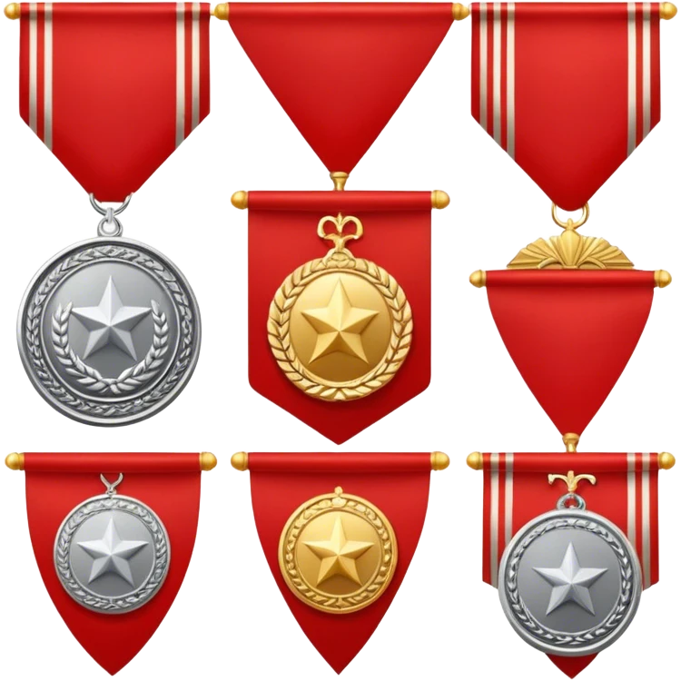 Icon for Collecting Orders, Medals & Badges: a variety of medals, orders and badges displayed on a large red pennant with fringed edges. The icon should convey the prestige and historical value of these collectibles. Transparent background. emoji