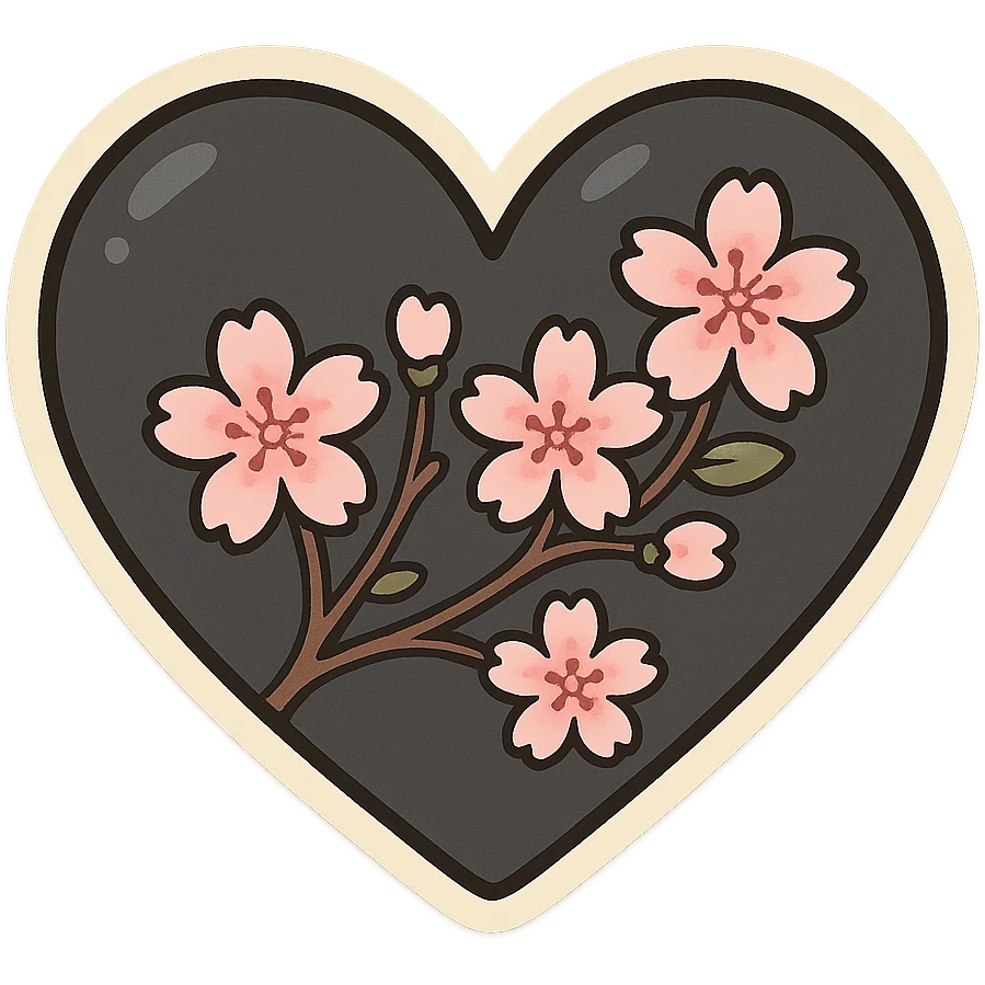 goth sakura heart, black heart with sakura branch and blossoms, pink highlights, playful and sweet emoji