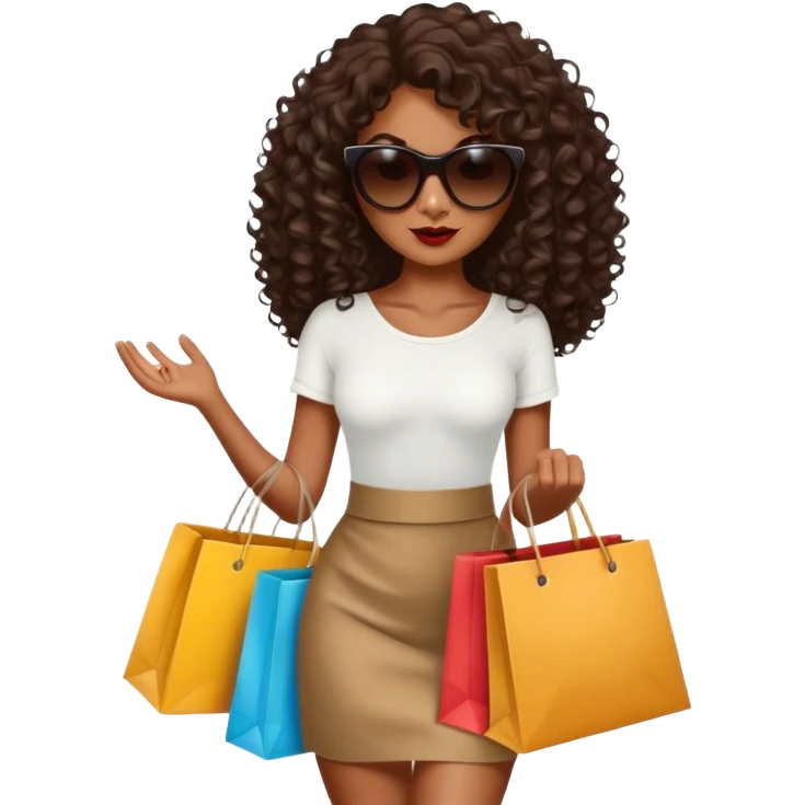 Rich dark brown girl with dark brown mid-length curly hair expensive retail shopping bags and sunglasses emoji