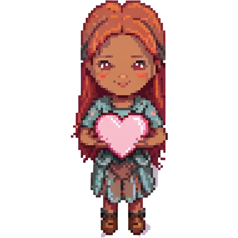 pixel art of a pink heart with a girl character with red hair, brown eyes, brown skin integrated into the heart design emoji