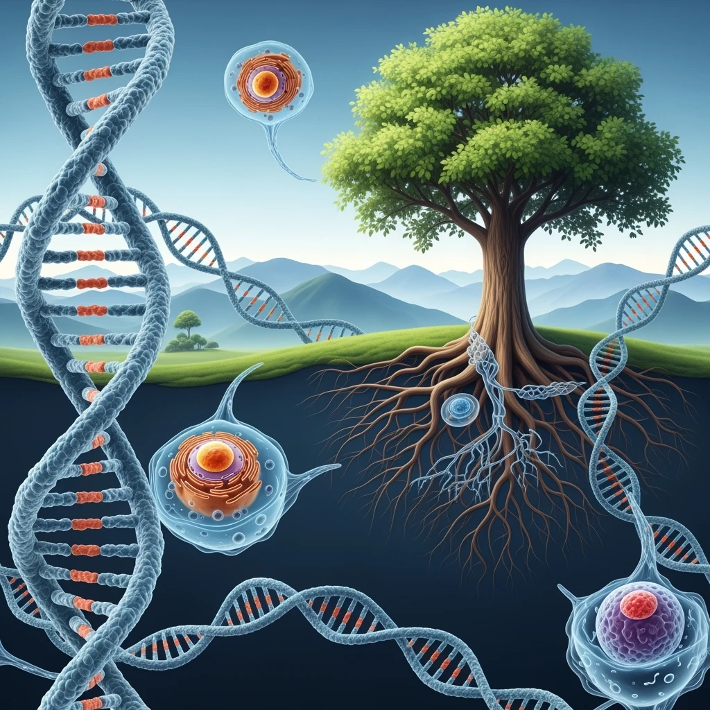 A realistic biological landscape showing: DNA strands transitioning into a tree, cells with visible organelles, neurons connected to plant roots  and a balanced ecosystem background . Seamless integration, no labels or borders. Scientific color scheme, detailed but minimalist. emoji