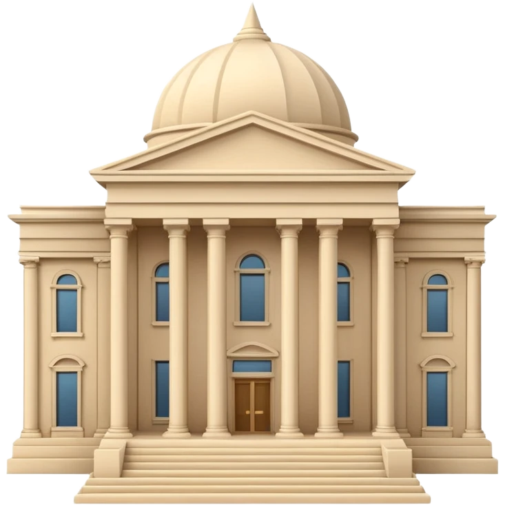 Minimal 3D emoji style government ministry building, classical architecture with columns and triangular roof, official state institution, neutral beige stone, clean shading, financial institution icon, isolated on transparent background, professional, no flags, no text emoji