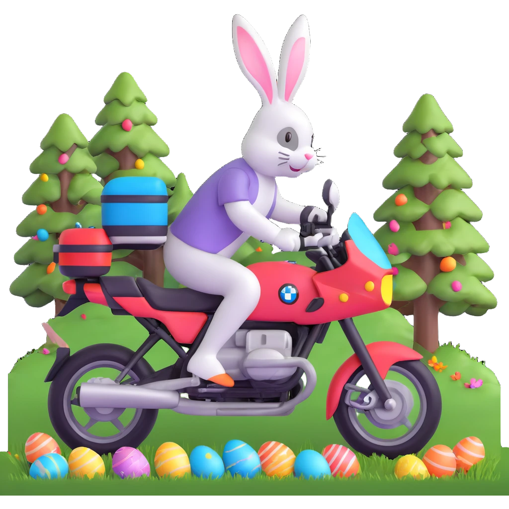 Easter bunny riding a BMW boxer motorcycle with trees and grass in the background and colorful Easter eggs hidden in the grass emoji