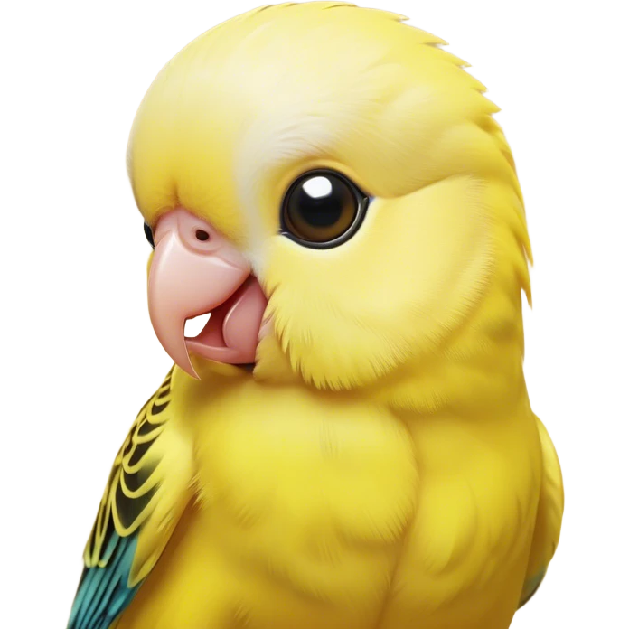 Cinematic Cute Yellow Budgie Portrait Emoji, Head tilted playfully and inquisitively, featuring a radiant yellow feathered fur with a natural sheen, round, sparkling dark eyes filled with curiosity, Simplified yet irresistibly adorable features, highly detailed, glowing with a warm, friendly glow, high shine, affectionate and lively, stylized with a touch of whimsy, bright and endearing, soft glowing outline, capturing the essence of a mischievous yet loving budgie, so playful it feels like it could chirp out of the screen and into your arms! emoji