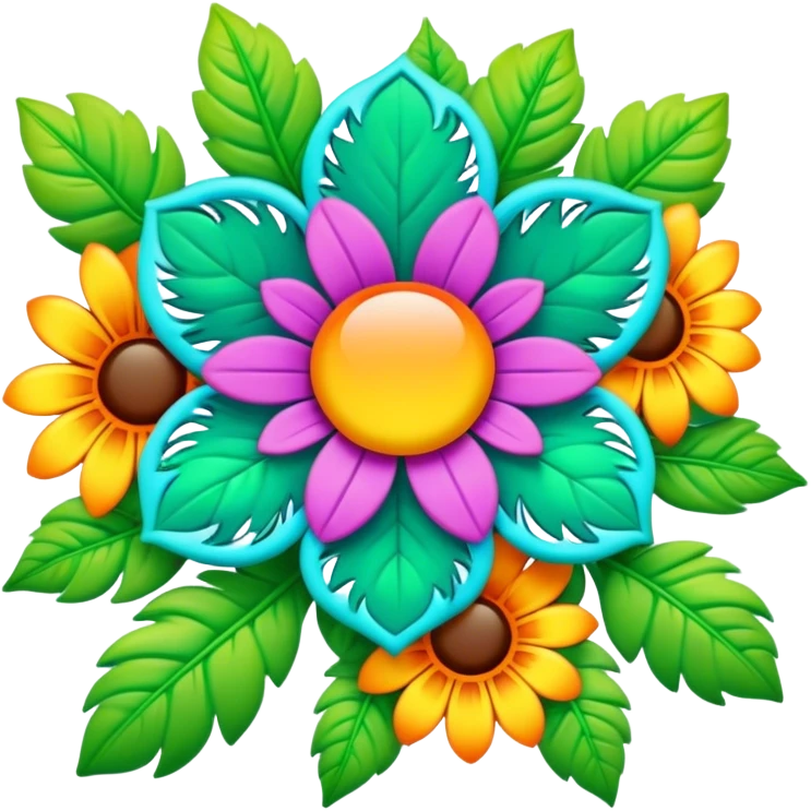 3D, psychedelic colored hippie style flower border with leaves emoji