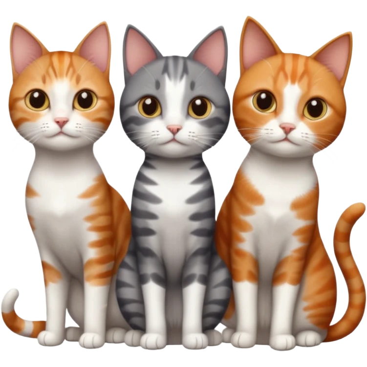3 different coloured tiny short haired cats, including a dark grey and white cat, a ginger and white and a brown tabby and white emoji