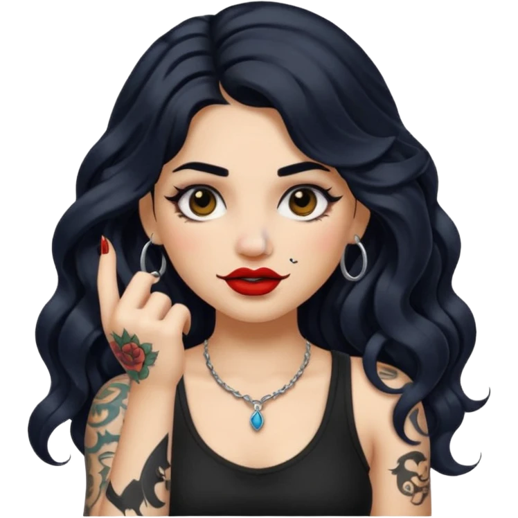 I want to create a female emoji with long black wavy hair and arm tattoo with her nose pierced and black lip stick emoji