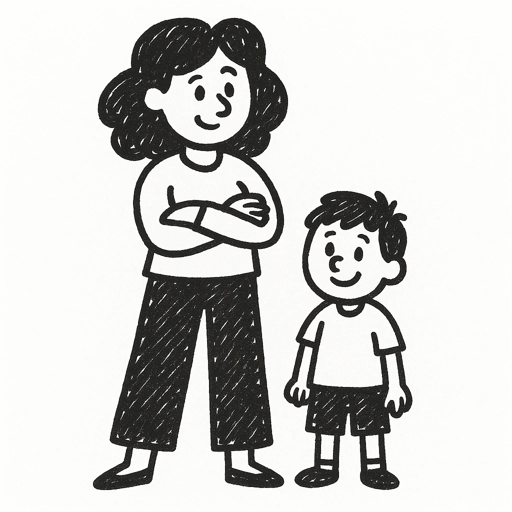 Create an image of a confident mom with a child by her side in the style of hand drawn notion doodles. The style is doodle, which does not support text editing, so use the general style editor to replicate the doodle look. emoji