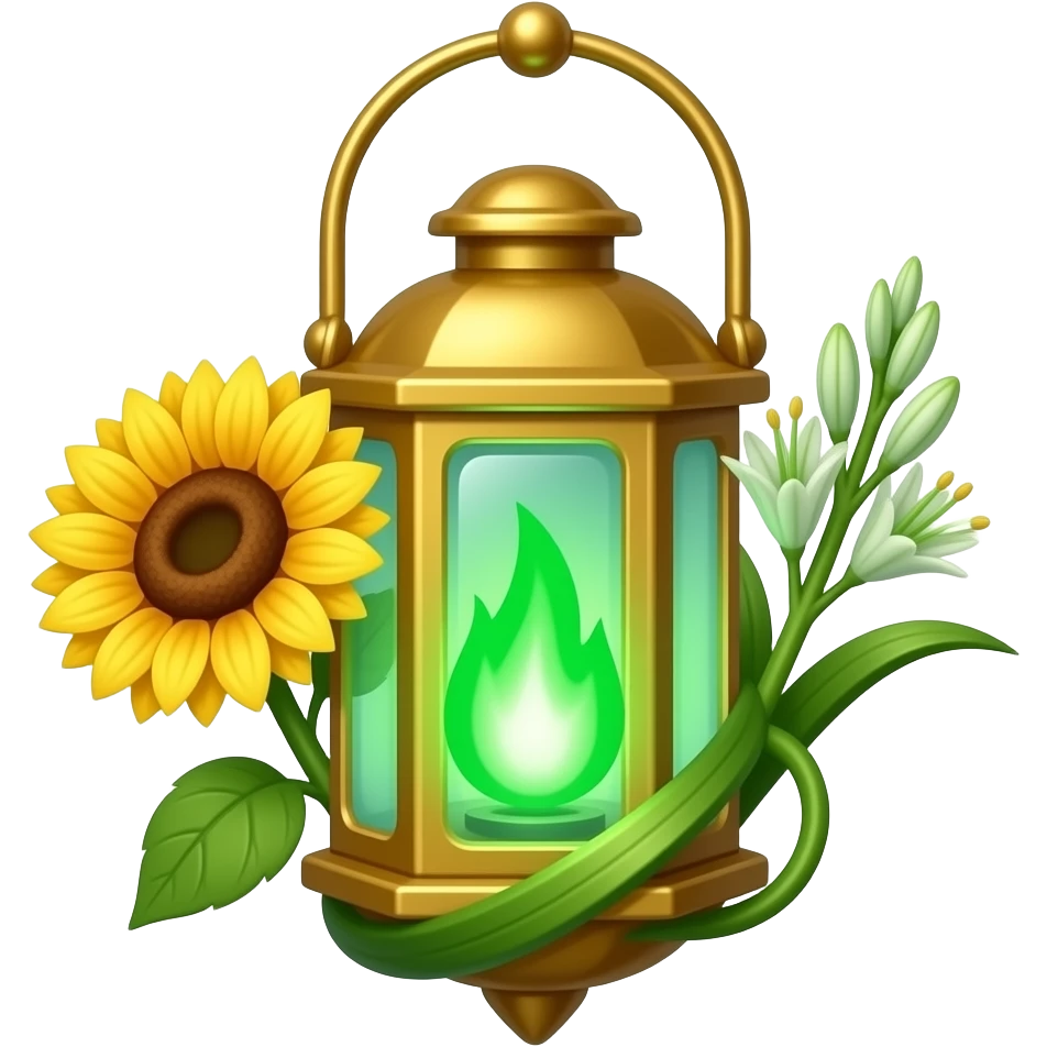 A golden hanging lantern with a bright emerald flames, no loop on top, blooming sunflower (l) & asphodel (r) wrapping it, focus more on the green fire, paint the glass more green, have its bottom point come to some sort of point emoji