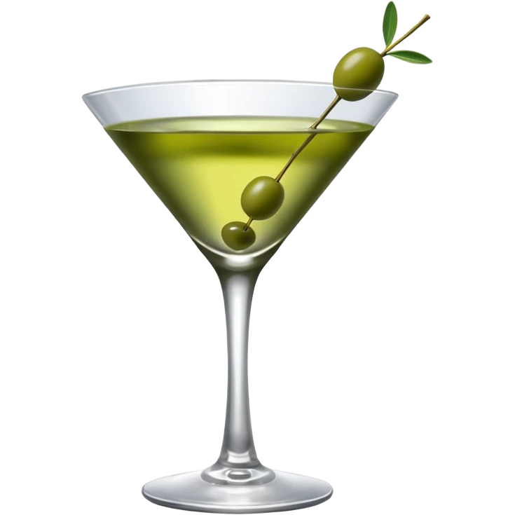 martini glass with 3 olives. no straw, just 1 stick that the olives will be stuck on. olives should have the same size. no leaves at all. liquid should be more white/clear than green emoji