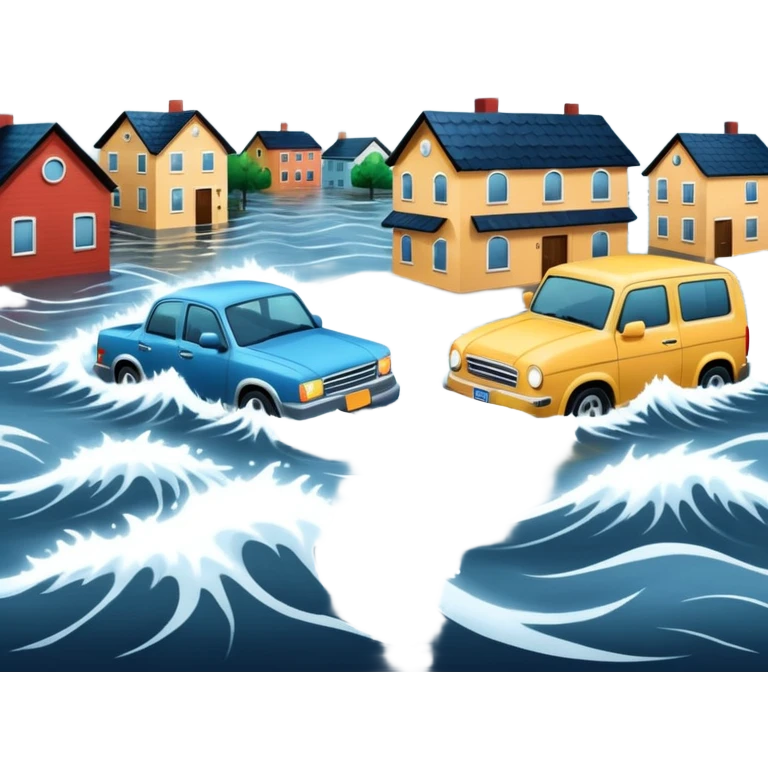 showing a flood disaster scene with strong water waves overflowing streets, partially submerged houses and cars, dark cloudy sky emoji