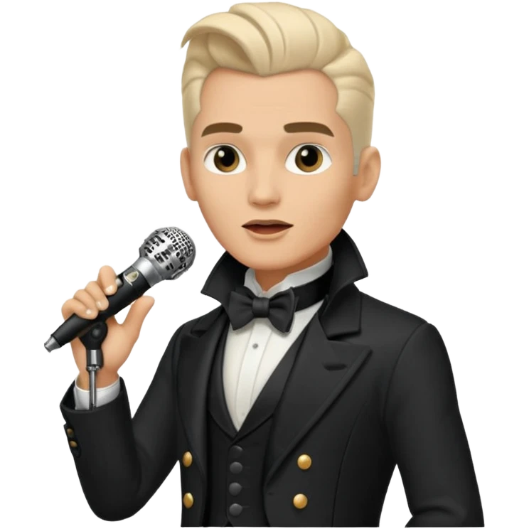cinematic - in details ultra HD portrait of musician Falco - wearing black tailcoat and sings on a retro antique microphone emoji