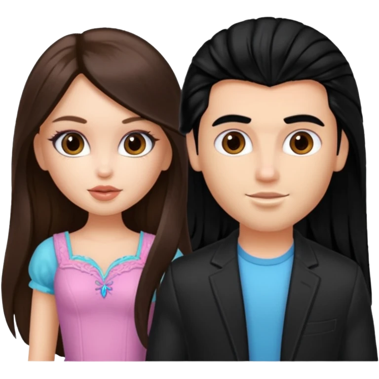 a pretty fair bratz girl with long brown hair and white bratz man with black hair emoji
